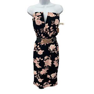 NWT Sans‎ Souci Strapless Mini Dress Gold Belt Size Medium Floral Rose